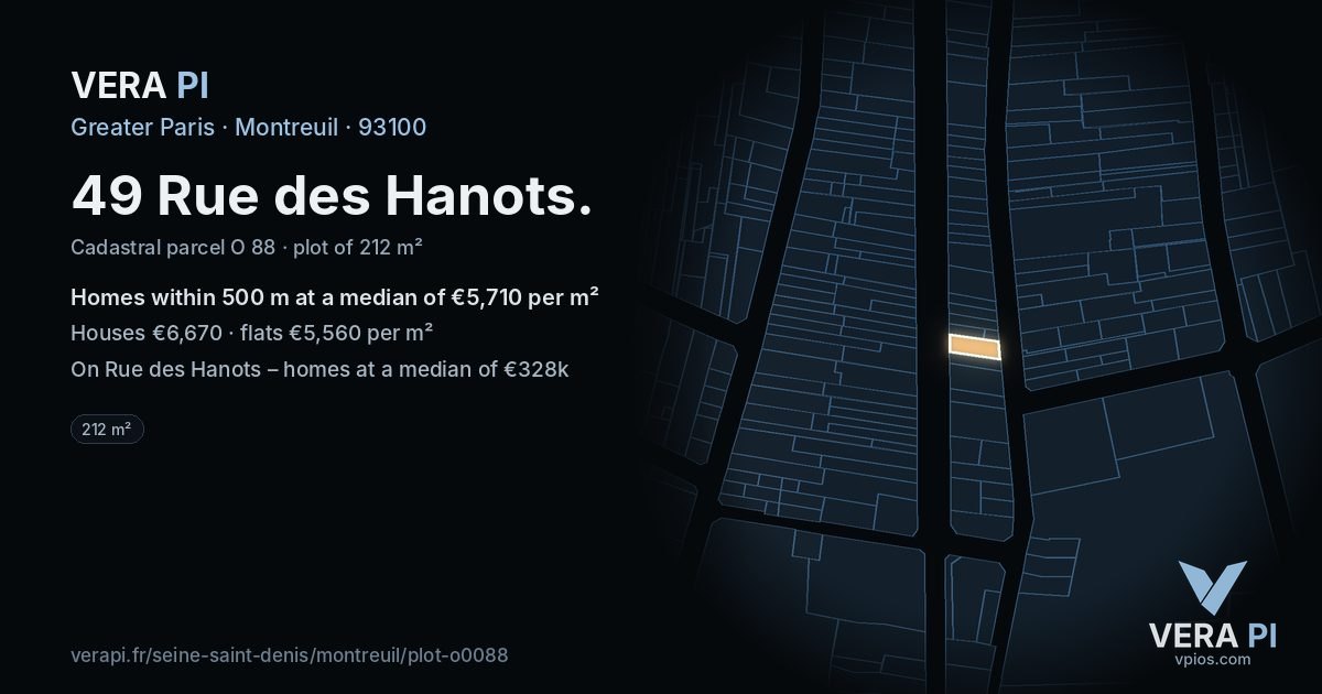 49 Rue des Hanots, Montreuil at night – the plot lit, the parcels around coloured by the prices near them