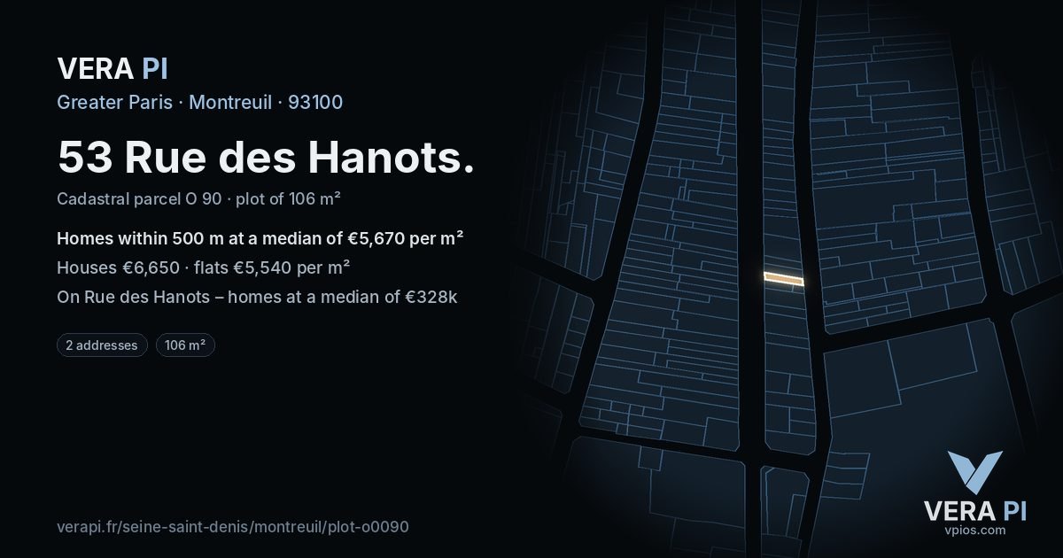53 Rue des Hanots, Montreuil at night – the plot lit, the parcels around coloured by the prices near them