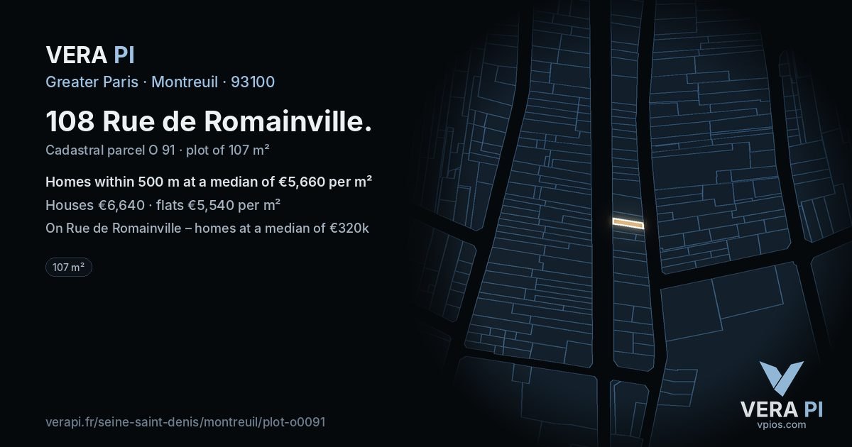 108 Rue de Romainville, Montreuil at night – the plot lit, the parcels around coloured by the prices near them
