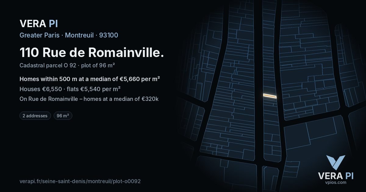 110 Rue de Romainville, Montreuil at night – the plot lit, the parcels around coloured by the prices near them