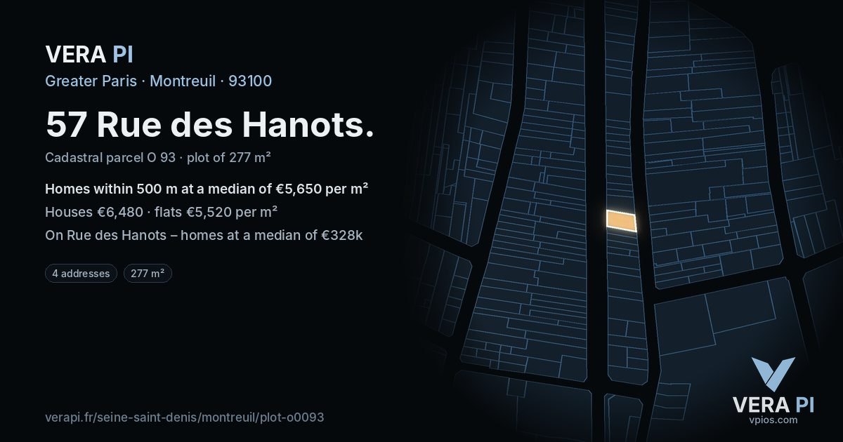 57 Rue des Hanots, Montreuil at night – the plot lit, the parcels around coloured by the prices near them