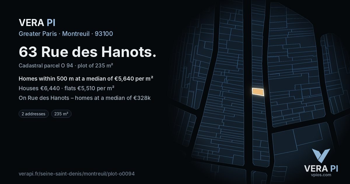 63 Rue des Hanots, Montreuil at night – the plot lit, the parcels around coloured by the prices near them
