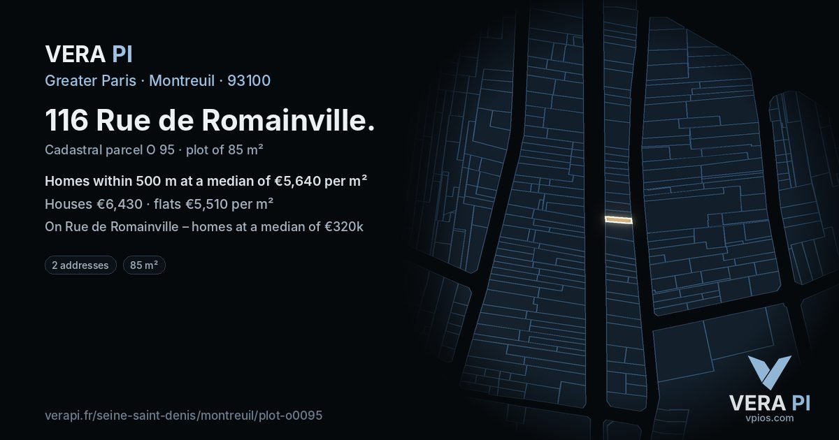 116 Rue de Romainville, Montreuil at night – the plot lit, the parcels around coloured by the prices near them