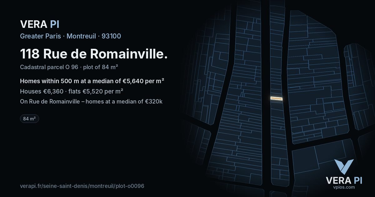 118 Rue de Romainville, Montreuil at night – the plot lit, the parcels around coloured by the prices near them