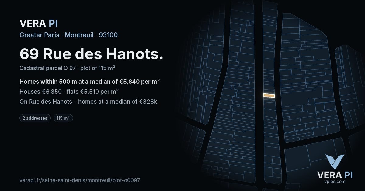 69 Rue des Hanots, Montreuil at night – the plot lit, the parcels around coloured by the prices near them