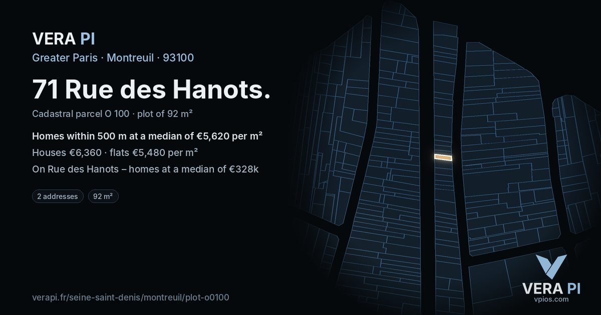 71 Rue des Hanots, Montreuil at night – the plot lit, the parcels around coloured by the prices near them