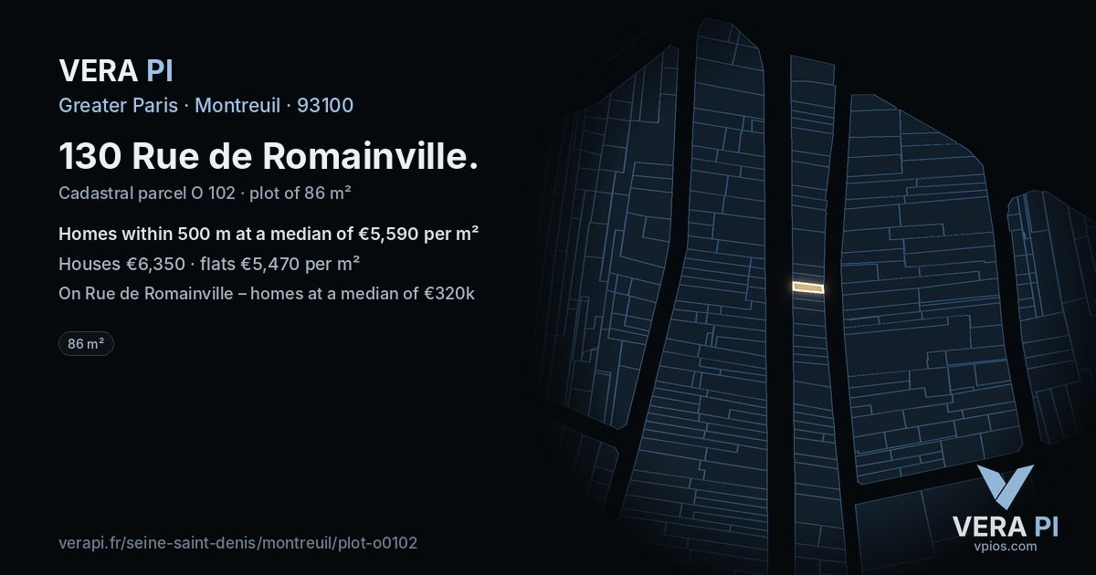 130 Rue de Romainville, Montreuil at night – the plot lit, the parcels around coloured by the prices near them