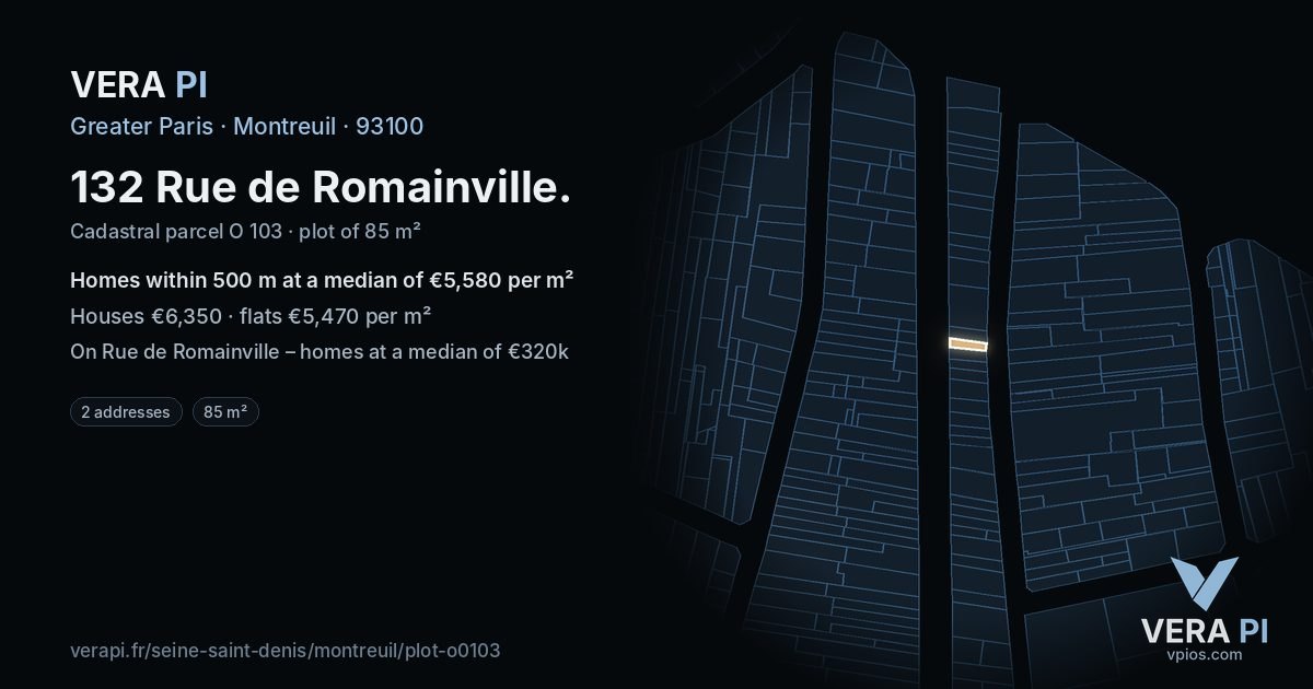 132 Rue de Romainville, Montreuil at night – the plot lit, the parcels around coloured by the prices near them