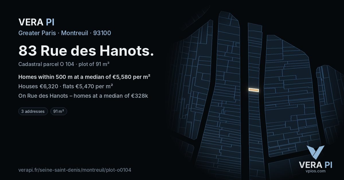 83 Rue des Hanots, Montreuil at night – the plot lit, the parcels around coloured by the prices near them