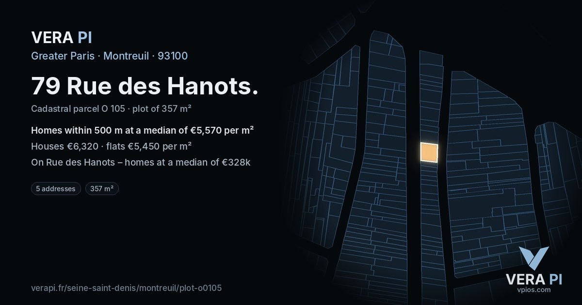 79 Rue des Hanots, Montreuil at night – the plot lit, the parcels around coloured by the prices near them