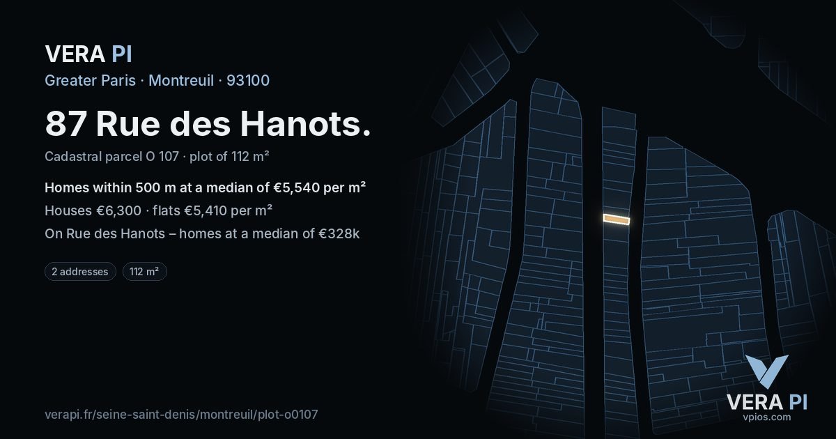 87 Rue des Hanots, Montreuil at night – the plot lit, the parcels around coloured by the prices near them