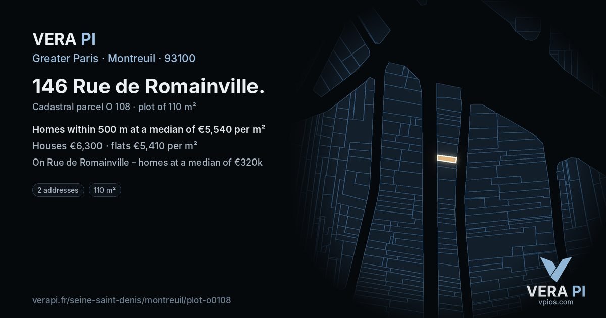 146 Rue de Romainville, Montreuil at night – the plot lit, the parcels around coloured by the prices near them