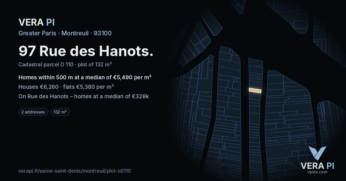 97 Rue des Hanots, Montreuil at night – the plot lit, the parcels around coloured by the prices near them