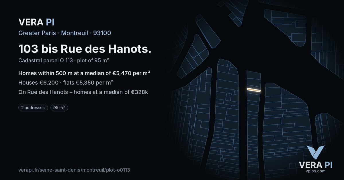 103 bis Rue des Hanots, Montreuil at night – the plot lit, the parcels around coloured by the prices near them