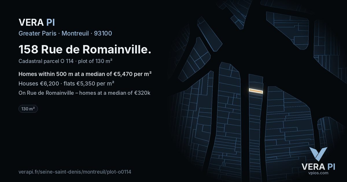 158 Rue de Romainville, Montreuil at night – the plot lit, the parcels around coloured by the prices near them