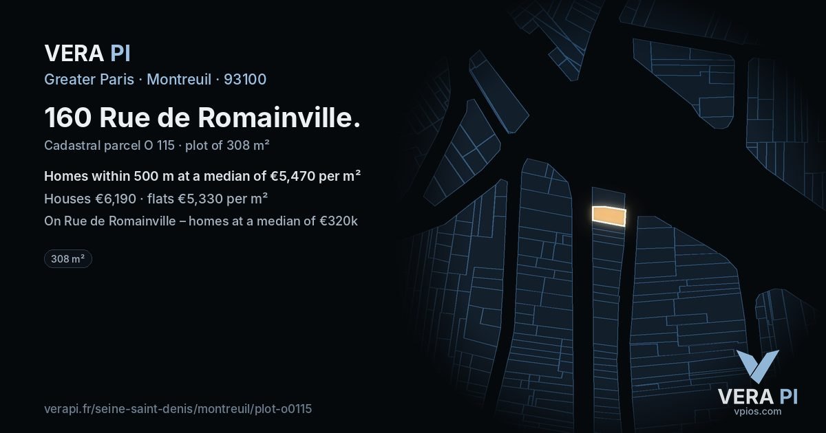 160 Rue de Romainville, Montreuil at night – the plot lit, the parcels around coloured by the prices near them