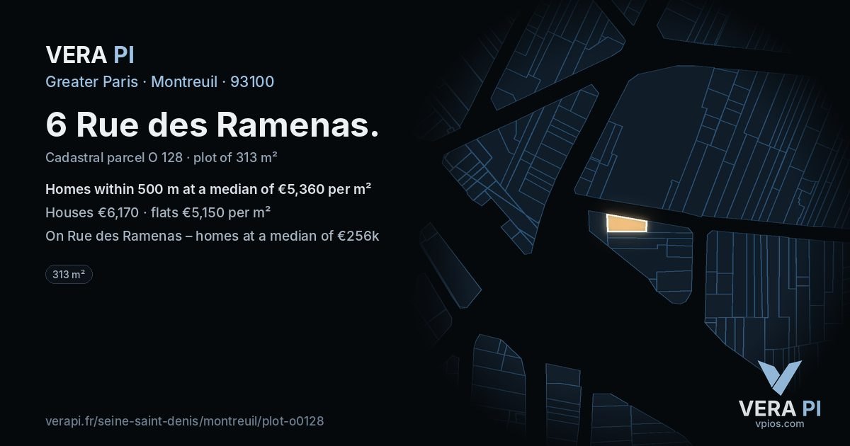 6 Rue des Ramenas, Montreuil at night – the plot lit, the parcels around coloured by the prices near them