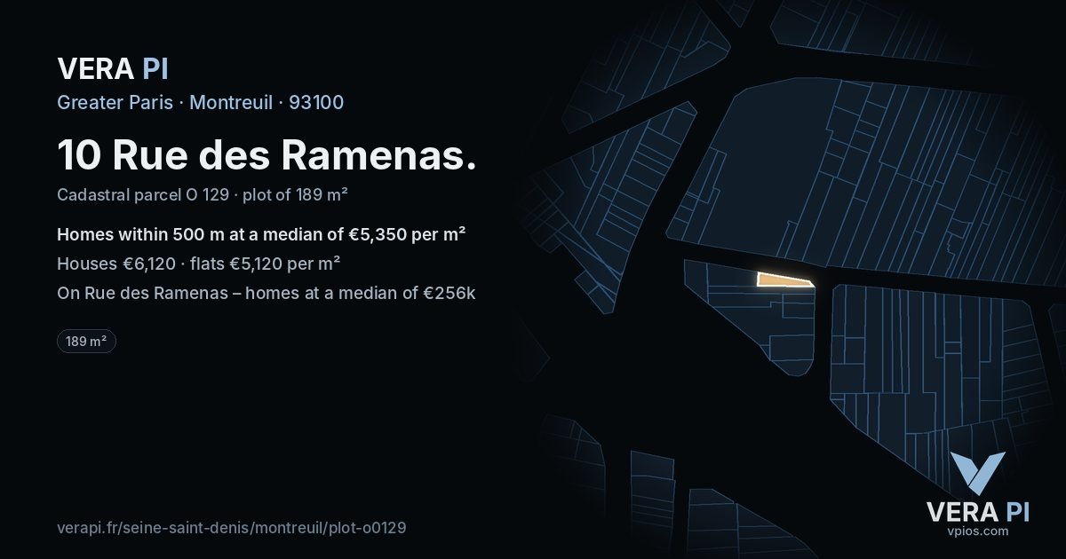 10 Rue des Ramenas, Montreuil at night – the plot lit, the parcels around coloured by the prices near them