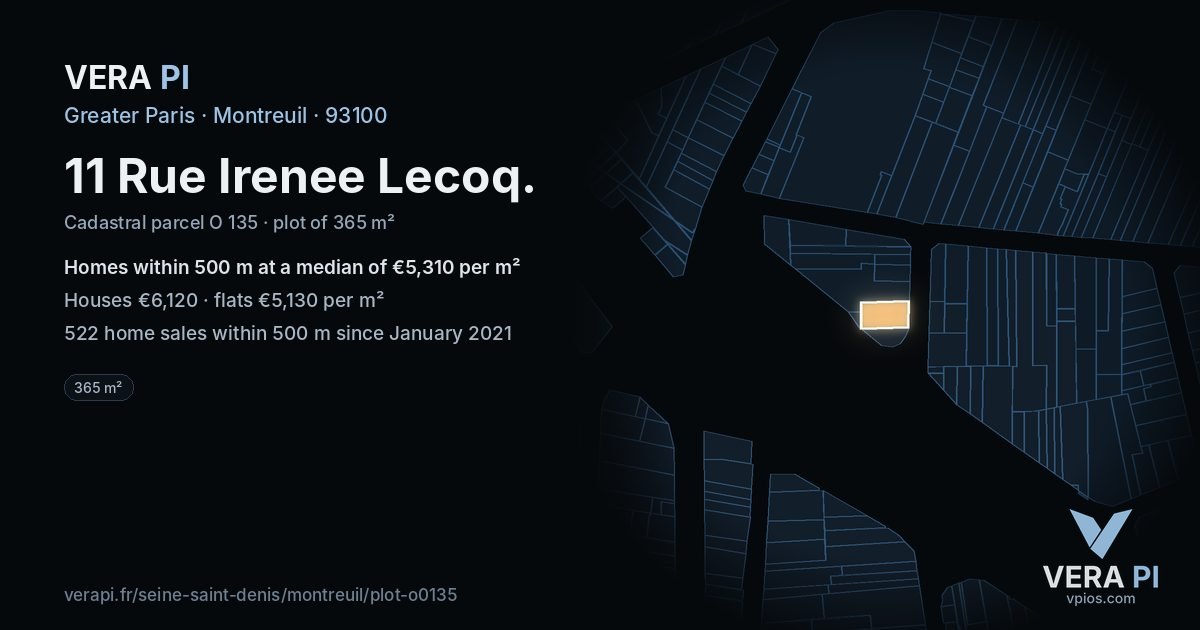 11 Rue Irenee Lecoq, Montreuil at night – the plot lit, the parcels around coloured by the prices near them