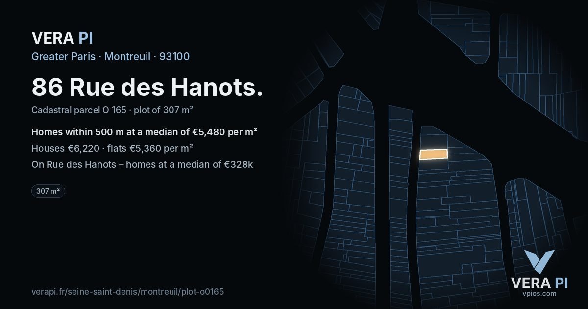86 Rue des Hanots, Montreuil at night – the plot lit, the parcels around coloured by the prices near them