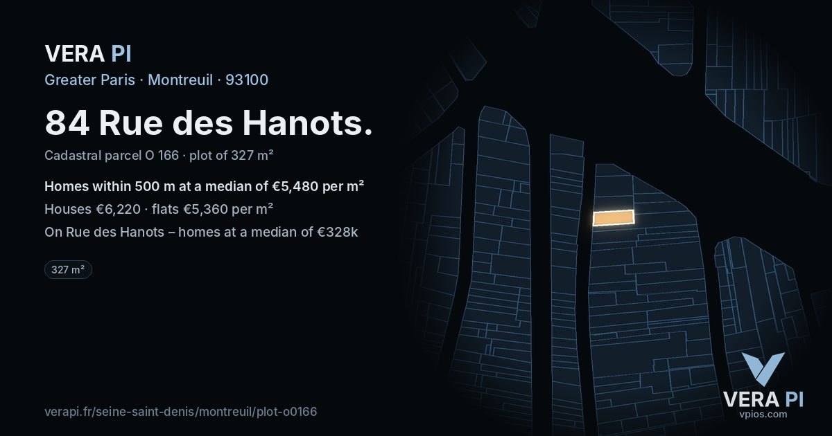 84 Rue des Hanots, Montreuil at night – the plot lit, the parcels around coloured by the prices near them
