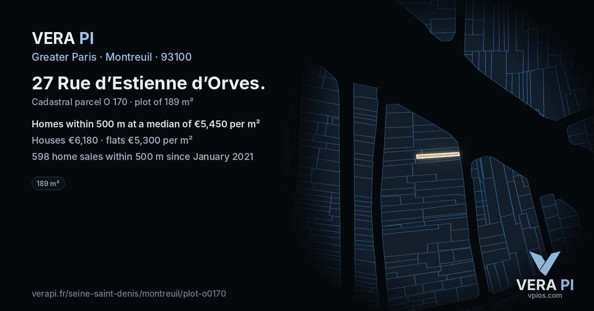 27 Rue d’Estienne d’Orves, Montreuil at night – the plot lit, the parcels around coloured by the prices near them