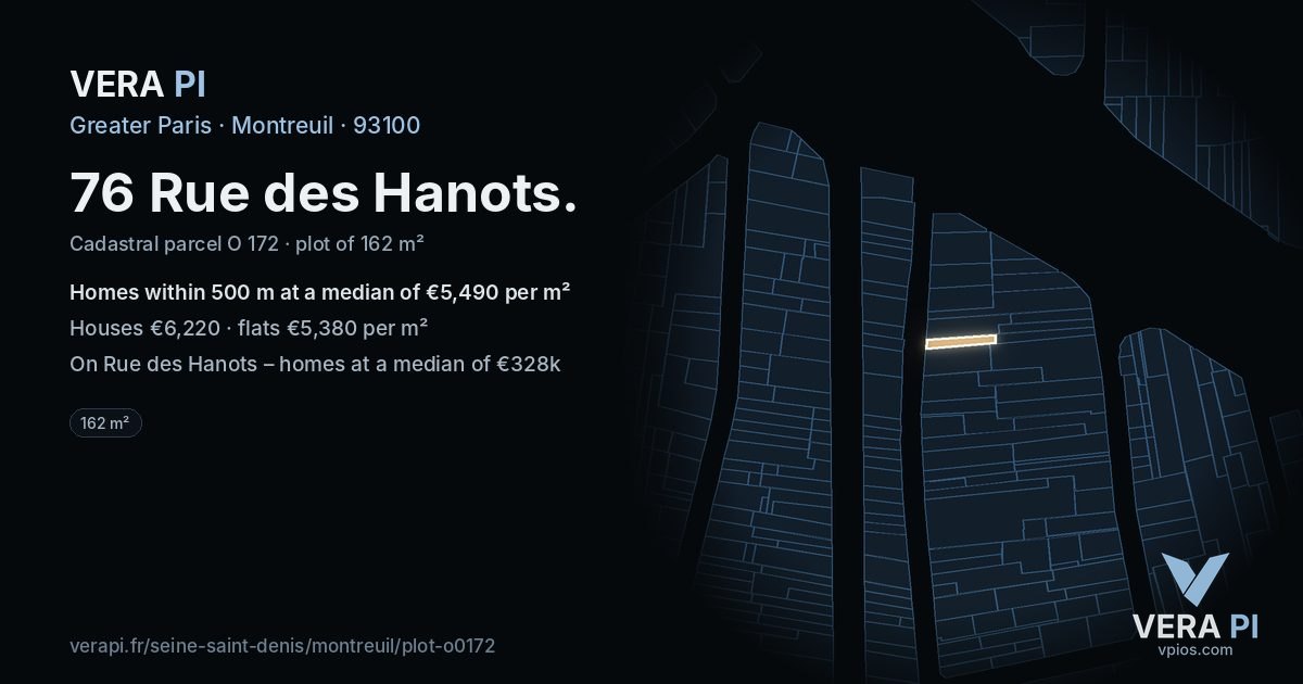 76 Rue des Hanots, Montreuil at night – the plot lit, the parcels around coloured by the prices near them