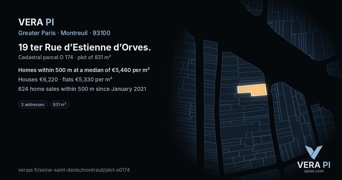 19 ter Rue d’Estienne d’Orves, Montreuil at night – the plot lit, the parcels around coloured by the prices near them