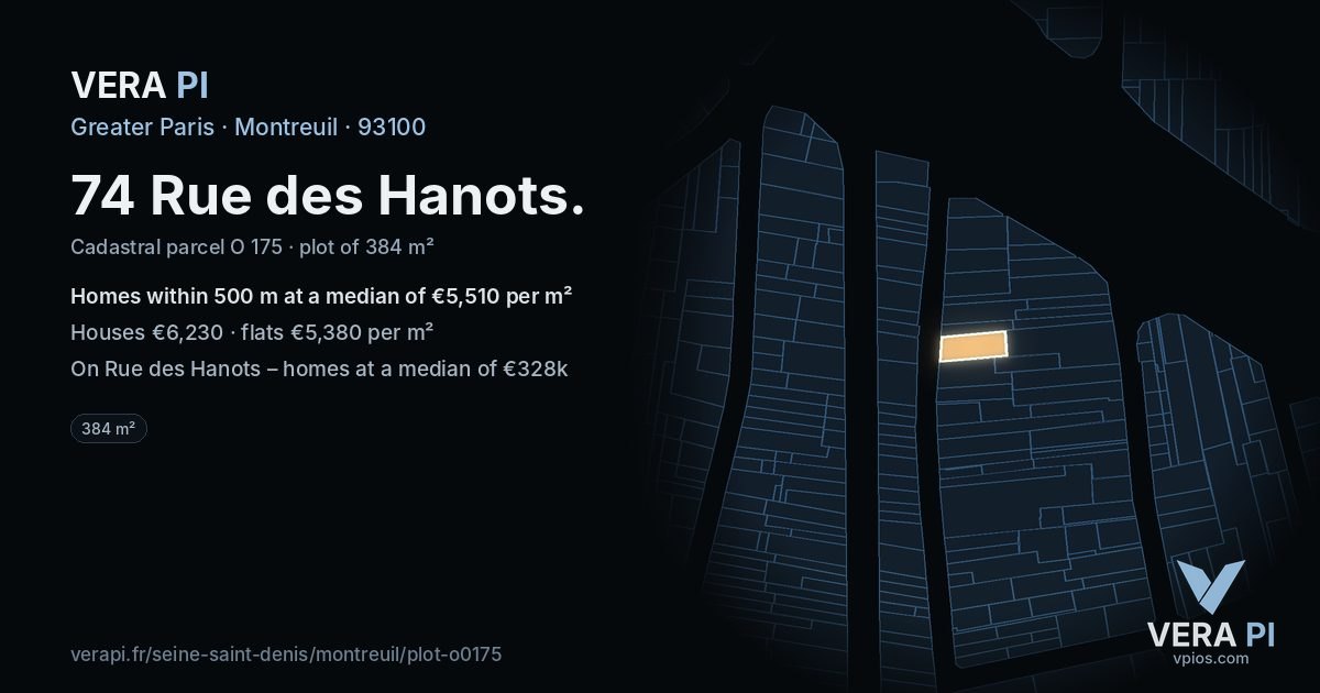 74 Rue des Hanots, Montreuil at night – the plot lit, the parcels around coloured by the prices near them