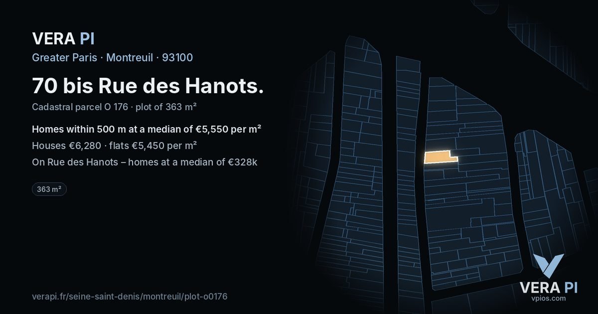 70 bis Rue des Hanots, Montreuil at night – the plot lit, the parcels around coloured by the prices near them