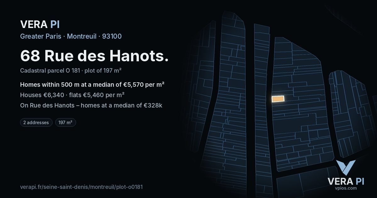 68 Rue des Hanots, Montreuil at night – the plot lit, the parcels around coloured by the prices near them