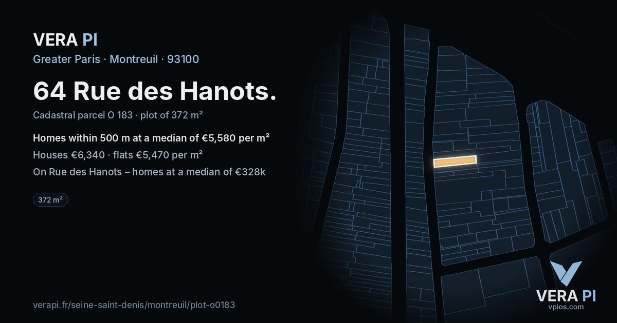 64 Rue des Hanots, Montreuil at night – the plot lit, the parcels around coloured by the prices near them