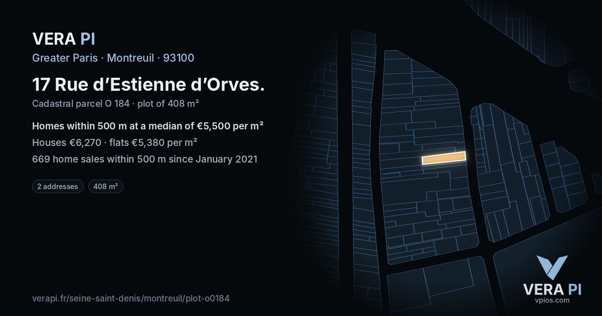 17 Rue d’Estienne d’Orves, Montreuil at night – the plot lit, the parcels around coloured by the prices near them