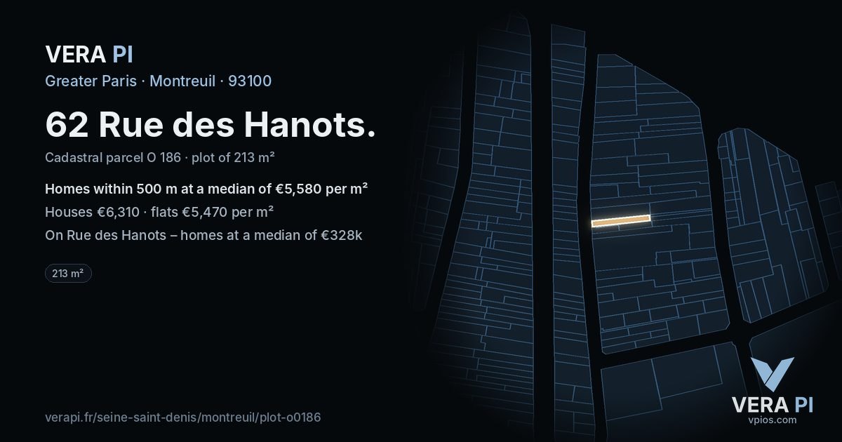 62 Rue des Hanots, Montreuil at night – the plot lit, the parcels around coloured by the prices near them