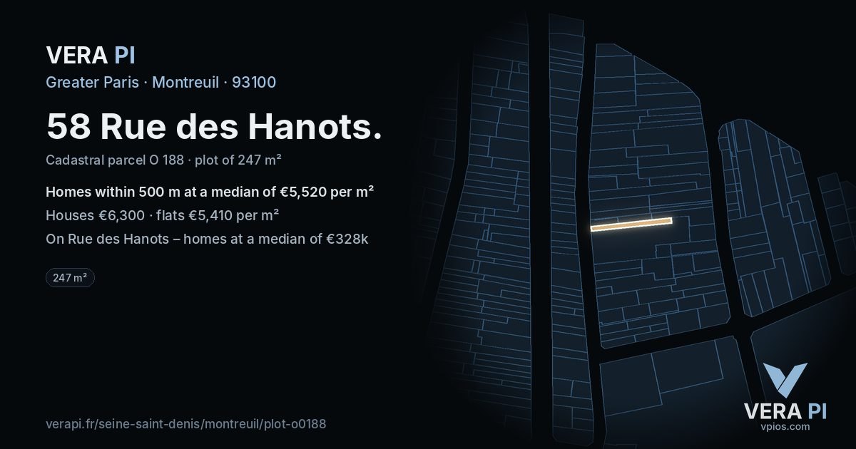 58 Rue des Hanots, Montreuil at night – the plot lit, the parcels around coloured by the prices near them