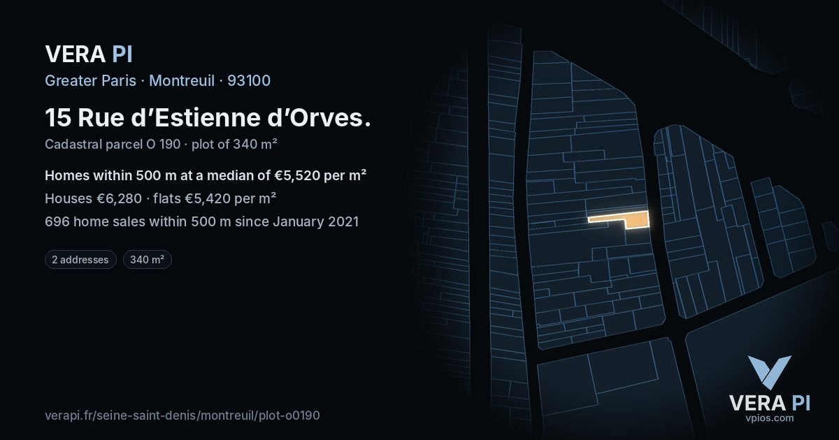 15 Rue d’Estienne d’Orves, Montreuil at night – the plot lit, the parcels around coloured by the prices near them
