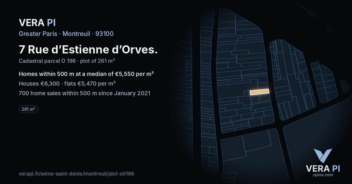 7 Rue d’Estienne d’Orves, Montreuil at night – the plot lit, the parcels around coloured by the prices near them