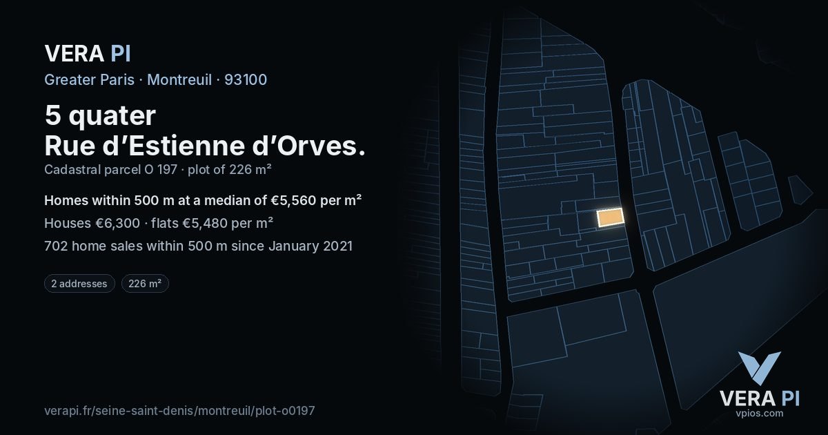 5 quater Rue d’Estienne d’Orves, Montreuil at night – the plot lit, the parcels around coloured by the prices near them