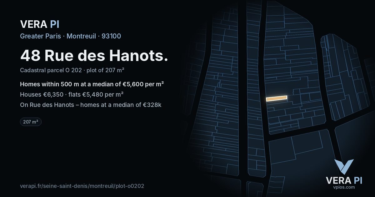 48 Rue des Hanots, Montreuil at night – the plot lit, the parcels around coloured by the prices near them