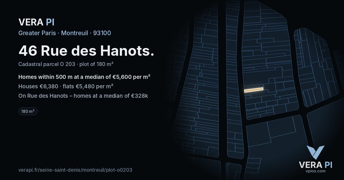 46 Rue des Hanots, Montreuil at night – the plot lit, the parcels around coloured by the prices near them