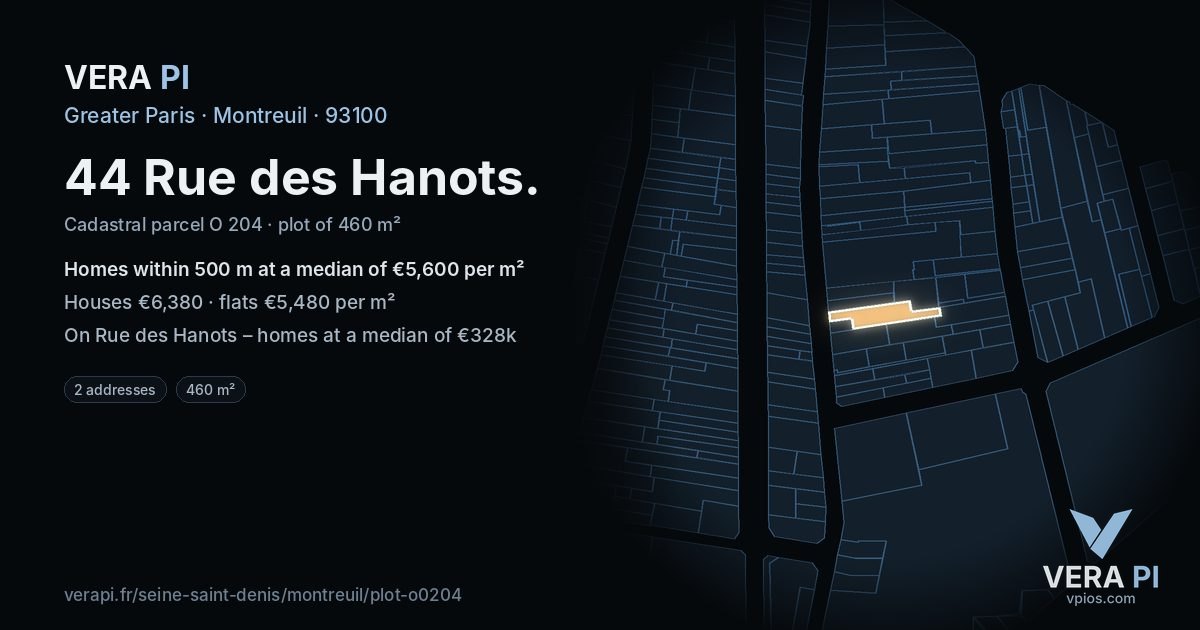 44 Rue des Hanots, Montreuil at night – the plot lit, the parcels around coloured by the prices near them