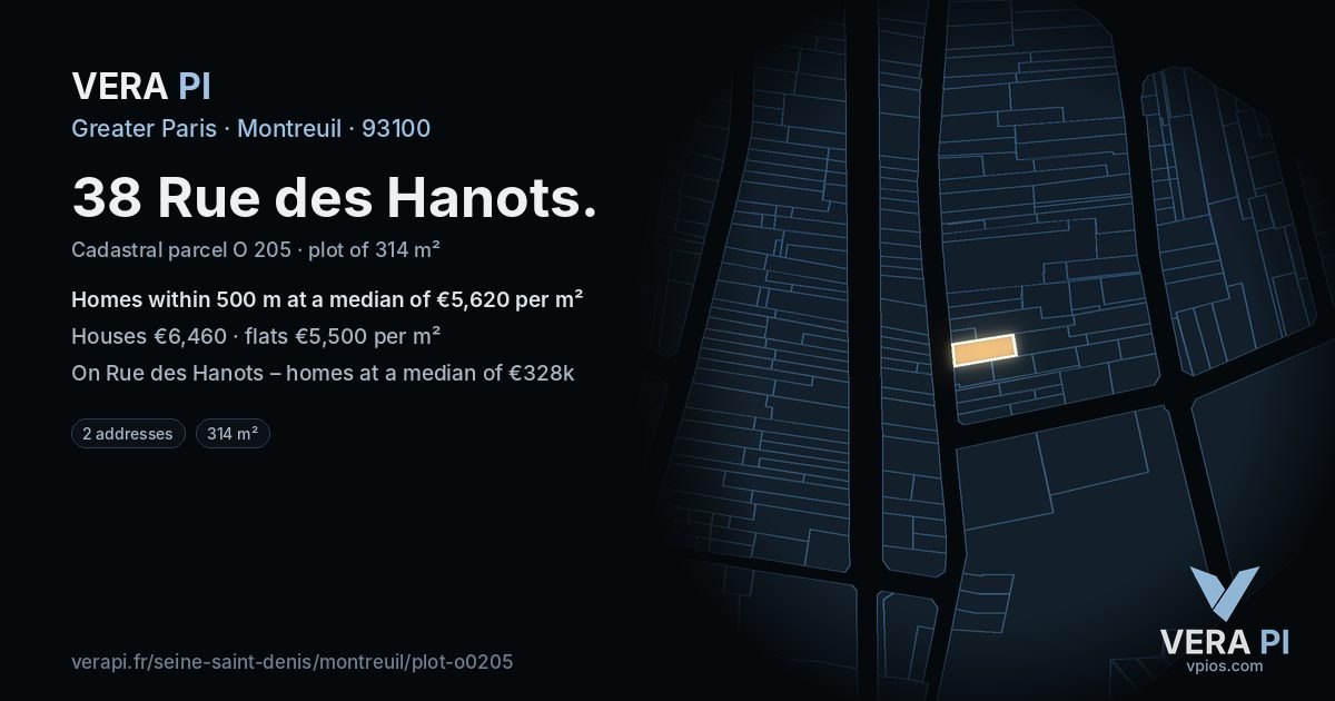 38 Rue des Hanots, Montreuil at night – the plot lit, the parcels around coloured by the prices near them