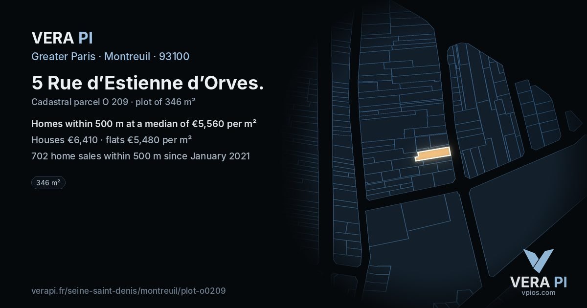 5 Rue d’Estienne d’Orves, Montreuil at night – the plot lit, the parcels around coloured by the prices near them