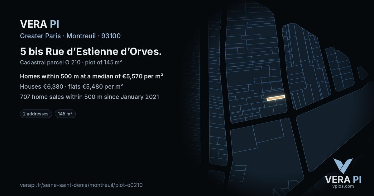 5 bis Rue d’Estienne d’Orves, Montreuil at night – the plot lit, the parcels around coloured by the prices near them