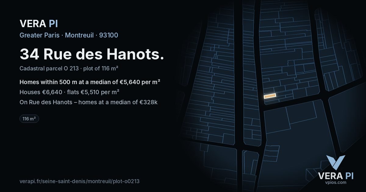 34 Rue des Hanots, Montreuil at night – the plot lit, the parcels around coloured by the prices near them