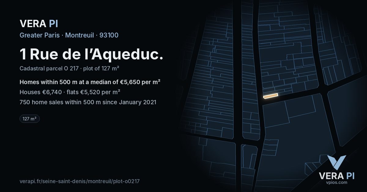 1 Rue de l’Aqueduc, Montreuil at night – the plot lit, the parcels around coloured by the prices near them