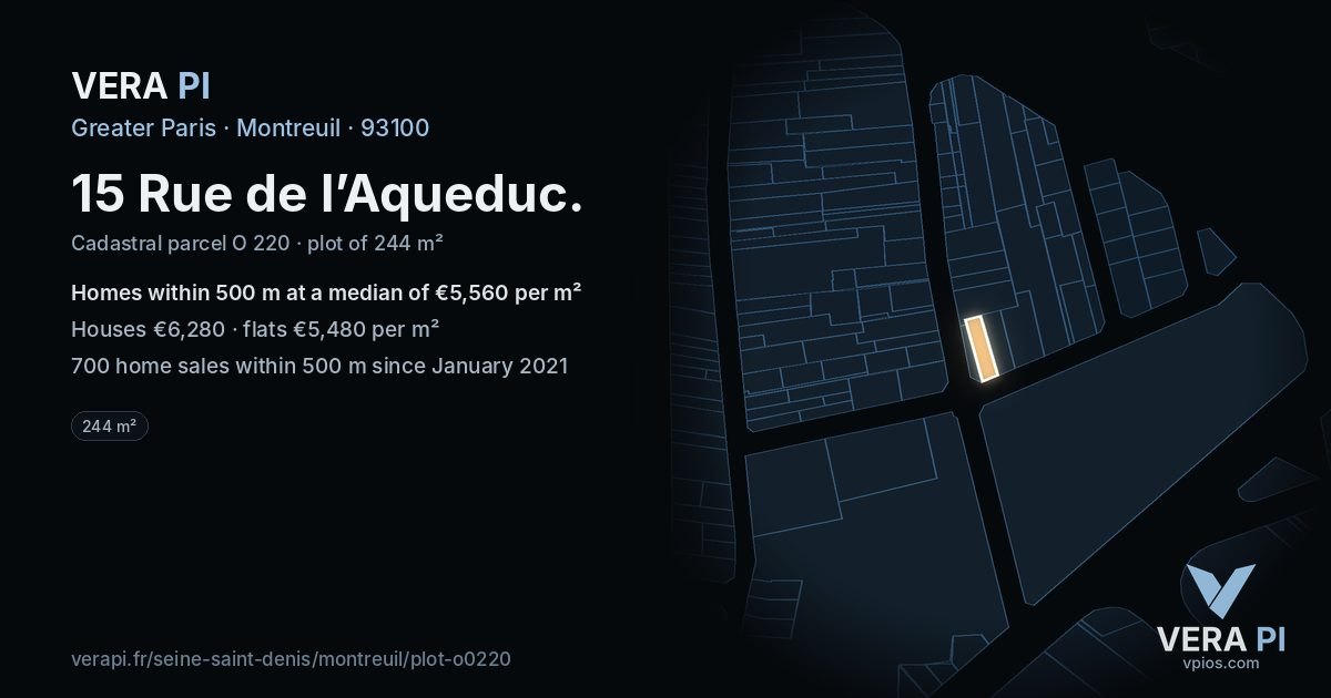 15 Rue de l’Aqueduc, Montreuil at night – the plot lit, the parcels around coloured by the prices near them