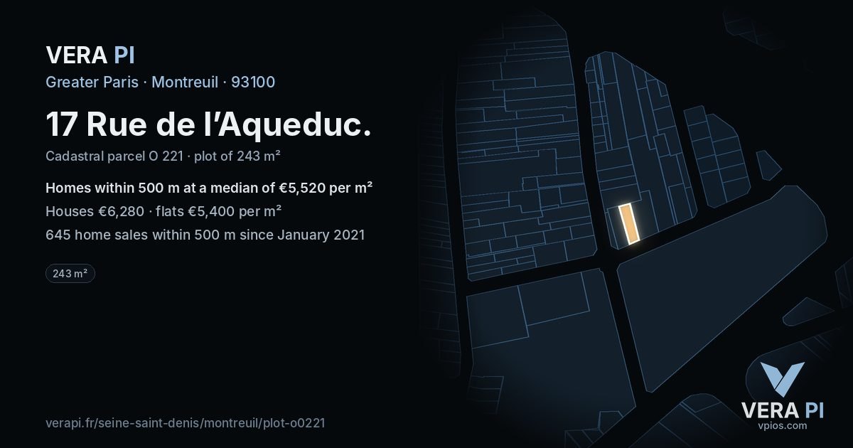 17 Rue de l’Aqueduc, Montreuil at night – the plot lit, the parcels around coloured by the prices near them