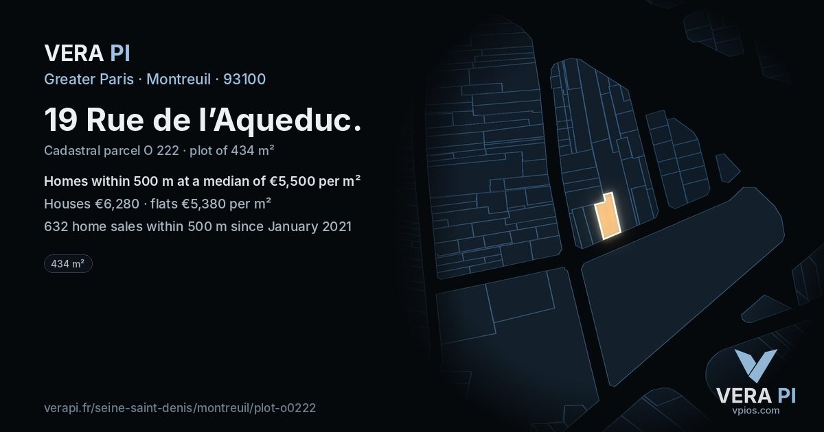 19 Rue de l’Aqueduc, Montreuil at night – the plot lit, the parcels around coloured by the prices near them