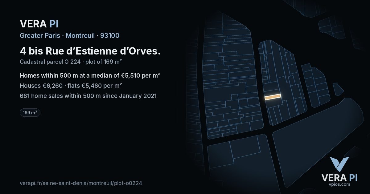 4 bis Rue d’Estienne d’Orves, Montreuil at night – the plot lit, the parcels around coloured by the prices near them